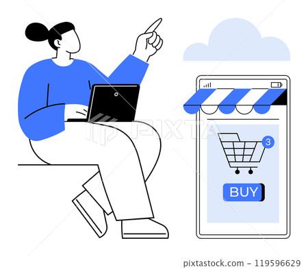 A person using a laptop points towards a large smartphone screen displaying a shopping cart icon with a BUY button and notification. Ideal for online shopping e-commerce digital transactions mobile 119596629