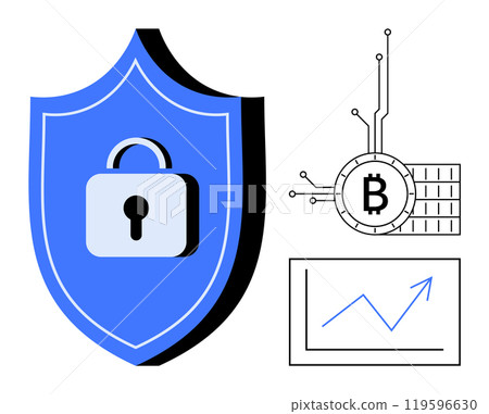 A shield with a lock, a Bitcoin symbol with circuit connections, and a graph with an upward trend. Ideal for cybersecurity, digital transactions, blockchain technology, financial growth, investment 119596630