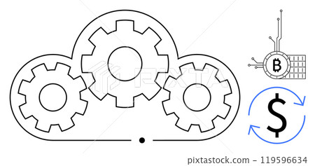 Gear wheels inside a cloud represent cloud computing. A dollar sign with circular arrows depicts financial exchange. Bitcoin symbols show blockchain and cryptocurrency. Ideal for technology, finance 119596634