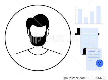 Simple black and white vector featuring a male portrait in a circle, a bar graph, and two documents, one with a checkmark. Ideal for business, analytics, profiles, documentation, and paperwork 119596635