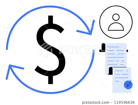 Large dollar sign with arrows rotating around it. To the right, a person icon and rolled receipts indicate financial transactions. Ideal for business management, finance tracking, financial services 119596636
