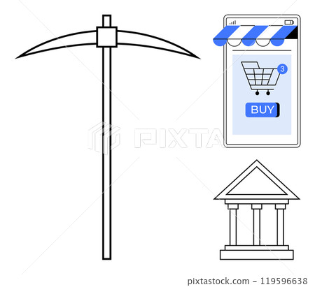 Stylized images of a pickaxe, smartphone with an online shopping cart, and a classical building with pillars. Ideal for technology, construction, e-commerce, online shopping, and architecture themes 119596638