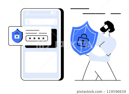A person holding a shield with a lock and a smartphone displaying a password prompt. Ideal for cyber security, digital safety, online privacy, mobile protection, authentication 119596639