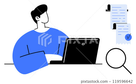 Individual using a laptop sits at a desk focusing on paperwork. Nearby are documents with a checkmark and a magnifying glass. Ideal for productivity, remote work, research, organization, digital 119596642