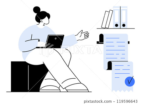 A person sits with a laptop, pointing towards books and files on a shelf. Receipts or documents are shown with a blue checkmark. Ideal for work, organization, productivity, documentation, office 119596643