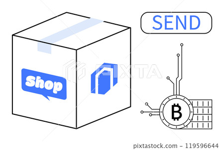 Large package with shop logo and Bitcoin symbol with SEND button. Ideal for e-commerce, blockchain technology, cryptocurrency transactions, digital payments, and online services. Simple, modern 119596644