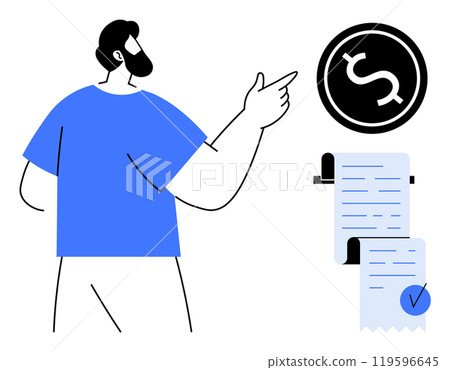A man points at a dollar sign with an invoice nearby. Ideal for finance, budget planning, accounting, billing, and economic education themes. Simple flat style with blue and black colors 119596645