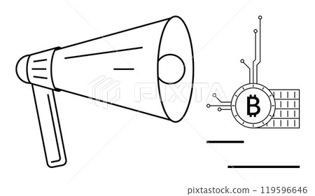 An image of a megaphone projecting voice toward an electronic symbol of Bitcoin. Lines suggest movement and communication. Ideal for cryptocurrency promotion, digital marketing, blockchain An image of a megaphone projecting voice toward an electronic symbol of Bitcoin. Lines suggest movement and communication. Ideal for cryptocurrency promotion, digital marketing, blockchain 119596646