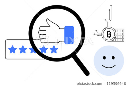 Magnifying glass over thumbs up symbol. Five-star rating. Bitcoin symbol with circuit lines. Smiley face. Ideal for feedback, cryptocurrency, blockchain, technology, customer satisfaction. Simple 119596648