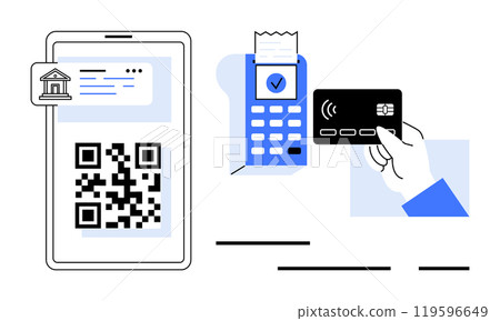 Mobile phone with QR code beside a payment terminal and hand holding credit card. Ideal for cashless payments, banking, shopping, technology, financial transactions. Flat vector style, blue and black Mobile phone with QR code beside a payment terminal and hand holding credit card. Ideal for cashless payments, banking, shopping, technology, financial transactions. Flat vector style, blue and black 119596649