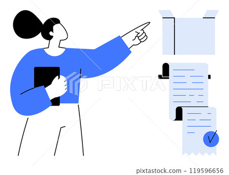 Woman holds a clipboard and points at a document with a checkmark. Ideal for business presentations, administrative tasks, goal setting, productivity apps, and workflow illustrations. Modern minimal 119596656