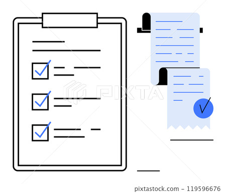 A clipboard with a checklist next to receipts with checkmarks. Ideal for business, planning, organization, productivity, and accounting themes. Clean and minimalist style 119596676