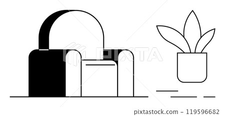 A clean, minimalist design showcasing a modern armchair and a potted plant. Ideal for home decor, interior design, minimalism, comfort, and relaxation themes. Simple black and white vector style 119596682