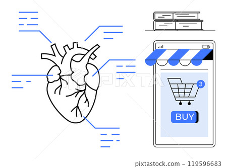 Heart anatomy diagram connected to details, a mobile phone screen with an online store shopping cart icon and stacks of books. Ideal for education, healthcare, e-commerce, medical studies, digital Heart anatomy diagram connected to details, a mobile phone screen with an online store shopping cart icon and stacks of books. Ideal for education, healthcare, e-commerce, medical studies, digital 119596683