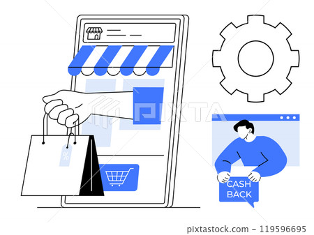 A hand holding shopping bags emerges from a mobile screen displaying a storefront. Next to it, a cogwheel and a person holding a cashback sign. Ideal for online shopping, cashback offers, e-commerce A hand holding shopping bags emerges from a mobile screen displaying a storefront. Next to it, a cogwheel and a person holding a cashback sign. Ideal for online shopping, cashback offers, e-commerce 119596695