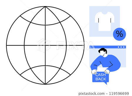 A globe on the left represents global e-commerce. On the right, a person holds a Cash Back sign, a shirt icon, and a percentage icon above it. Ideal for global business, online shopping, discounts A globe on the left represents global e-commerce. On the right, a person holds a Cash Back sign, a shirt icon, and a percentage icon above it. Ideal for global business, online shopping, discounts 119596699