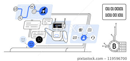 A futuristic robot surrounded by speech bubbles, emoticons, crypto circuit, and icons on a laptop screen. Ideal for technology, AI, communication, cryptocurrency, and digital networking themes 119596700