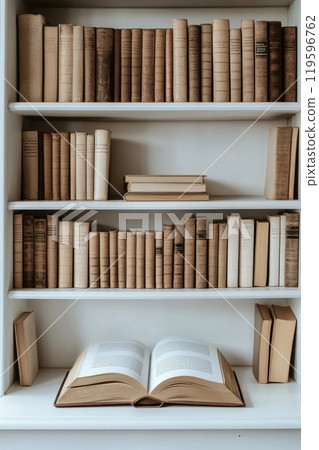 A classic bookshelf filled with vintage books and a large open book on the lower shelf 119596762
