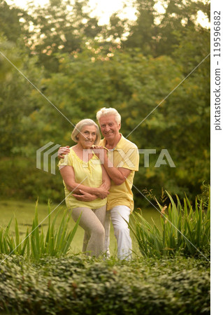 Beautiful elderly couple walking in the park 119596882