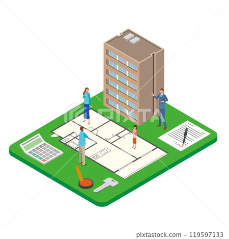 Illustration of an apartment floor plan and a family considering purchasing 119597133