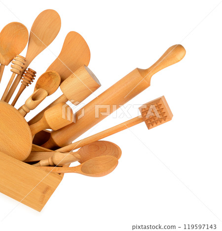 Set of wooden kitchen utensils isolated on white. Free space for text. 119597143