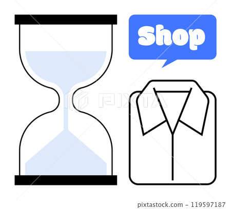 Hourglass symbol on the left and a shirt icon with the word Shop in a speech bubble on the right. Ideal for time management, shopping, retail, fashion, and productivity. Clean lines, simple Hourglass symbol on the left and a shirt icon with the word Shop in a speech bubble on the right. Ideal for time management, shopping, retail, fashion, and productivity. Clean lines, simple 119597187