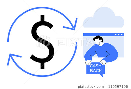 Large dollar sign with an arrow circling it. Person holding cash back envelope under a cloud symbolizes financial return. Ideal for banking, refunds, savings, cashback programs, and online 119597196
