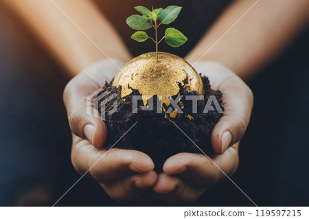 Holding the gold earth, a round ball and a growing plant. Holding the gold earth, a round ball and a growing plant. 119597215