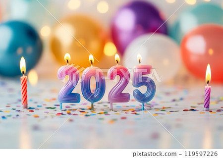 Happy New Year 2025 Birthday candles, balloons in the background. 119597226