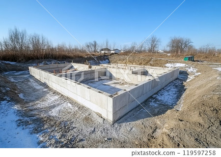 Monolithic reinforced concrete foundation at the construction site of a new house. 119597258