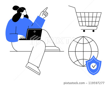 Person with a laptop pointing upward sitting beside shopping cart globe and shield icons. Ideal for e-commerce online shopping cybersecurity digital transactions and internet safety. Minimalist line Person with a laptop pointing upward sitting beside shopping cart globe and shield icons. Ideal for e-commerce online shopping cybersecurity digital transactions and internet safety. Minimalist line 119597277