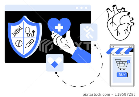 Computer screen shows a shield with medical icons, a hand holding a blue heart, a smartphone with a shopping cart, and a human heart. Ideal for medical services, online healthcare, digital wellness 119597285