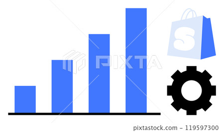 Bar chart in ascending order, shopping bag with a letter, and gear icon. Ideal for business growth, e-commerce, data analysis, market trends, and productivity tools. Simple flat style 119597300