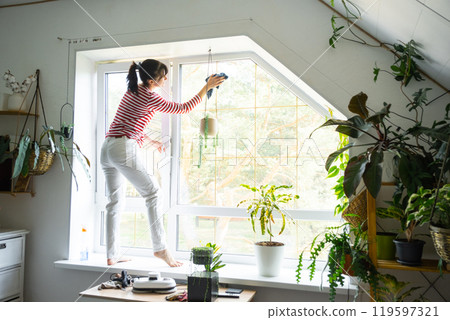 Woman manually washes the window of the house with rag cleaner and mop inside the interior with home plants on windowsill with attic. Restoring order and cleanliness in the spring, cleaning servise 119597321