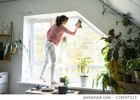 Woman manually washes the window of the house with rag cleaner and mop inside the interior with home plants on windowsill with attic. Restoring order and cleanliness in the spring, cleaning servise 119597323