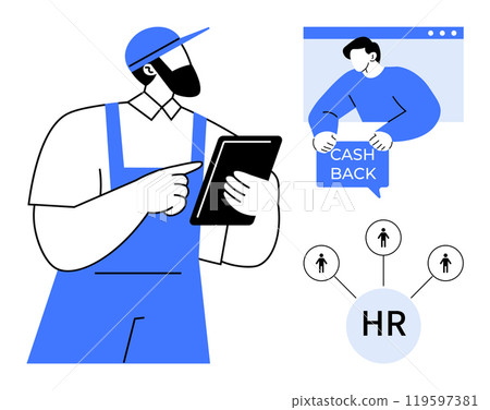 Person holding a tablet, another interacting with a cashback icon, and HR connections. Ideal for human resources, cashback, technology, workforce management, and business processes themes. Simple Person holding a tablet, another interacting with a cashback icon, and HR connections. Ideal for human resources, cashback, technology, workforce management, and business processes themes. Simple 119597381