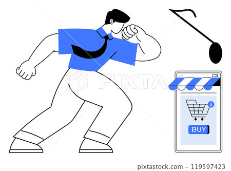 A man is leaning forward toward a mobile device with a shopping cart icon. A musical note floats above. Ideal for online shopping, e-commerce, digital transactions, music integration, modern 119597423