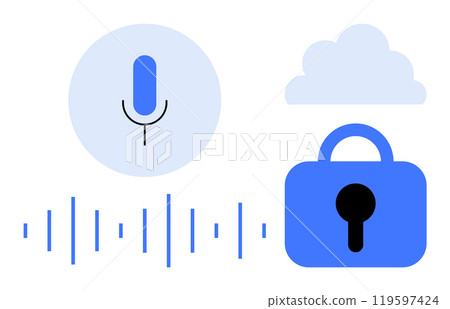 Symbols of a microphone, sound waves, a cloud, and a lock. Ideal for cybersecurity, data protection, cloud storage, audio recording, and technology applications. Clean, minimalist style 119597424