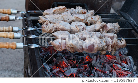 cooking meat on coals. Barbecue with firewood cooking meat on coals. Barbecue with firewood 119597687
