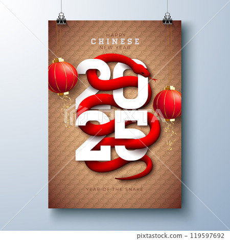 Happy Chinese New Year 2025 Banner with Snake Zodiac Sign and Paper Lantern on Red Scaly Pattern Background. Lunar New Year Traditional Design with Gold Typography for Flyer, Greeting Card, Banner Happy Chinese New Year 2025 Banner with Snake Zodiac Sign and Paper Lantern on Red Scaly Pattern Background. Lunar New Year Traditional Design with Gold Typography for Flyer, Greeting Card, Banner 119597692