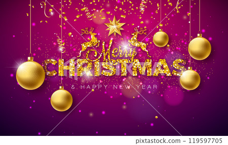 Merry Christmas and Happy New Year Illustration with Gold Glittered Typography Letter and Falling Confetti on Shiny Red Background. Vector Holiday Season Design for Greeting Card, Party Invitation or 119597705
