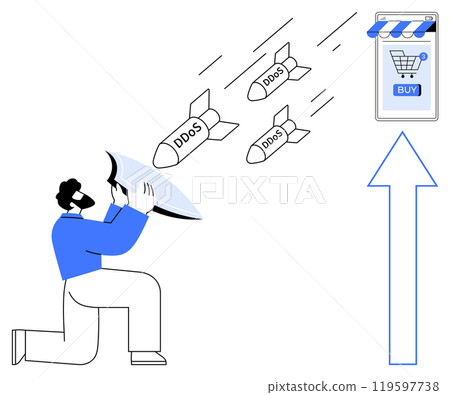 A man uses a shield to protect an online store from incoming missiles labeled DDoS. An arrow points to the stores Buy button, suggesting cybersecurity defense. Ideal for online security, cyber 119597738