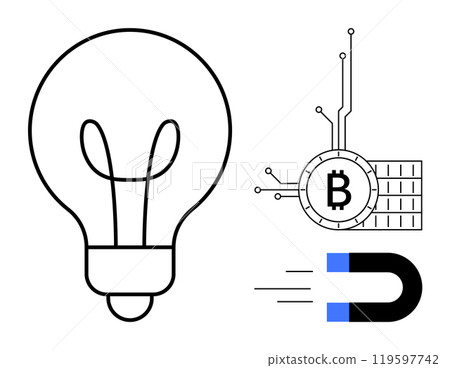 Light bulb, bitcoin with circuit lines, and magnet. Ideal for technology, cryptocurrency, innovation, energy, and minimalism themes. Black, white, and blue colour scheme. Simple, clean design. Vector Light bulb, bitcoin with circuit lines, and magnet. Ideal for technology, cryptocurrency, innovation, energy, and minimalism themes. Black, white, and blue colour scheme. Simple, clean design. Vector 119597742