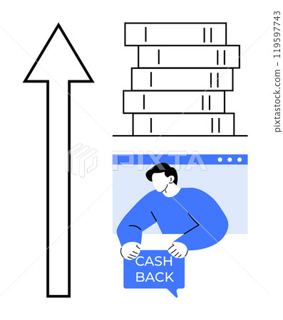 Upward arrow, a stack of money, and a person with a cashback sign. Ideal for finance, banking, savings, investments, and marketing themes. Minimalist, modern, vector Upward arrow, a stack of money, and a person with a cashback sign. Ideal for finance, banking, savings, investments, and marketing themes. Minimalist, modern, vector 119597743
