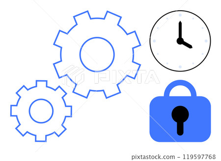 Two gears, a clock, and a padlock appear in a simple, minimalist design with blue and black colors. Ideal for productivity efficiency security time management and mechanical concepts 119597768