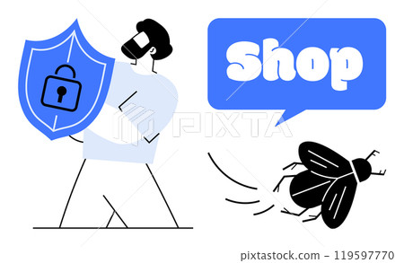 Man holding a shield with a padlock, protecting a shop icon from a bug threat. Ideal for e-commerce, cybersecurity, online shopping, data protection, digital security. Outline vector, blue and black 119597770