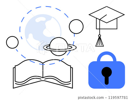 An open book next to a planet and graduation cap, with a padlock nearby. Ideal for education, knowledge, security, learning, and academic success themes. Simple line art style with minimalistic 119597781