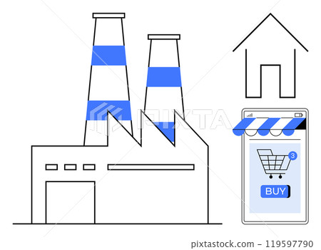 Factory building with chimneys, a house, and a mobile phone showing an online shopping cart with a buy button. Ideal for e-commerce, industry, home goods, mobile shopping, online retail. Simple 119597790