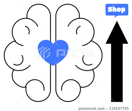 A blue heart inside a brain with an upward pointing arrow represents balance between emotions and logic. Ideal for business growth, love, shopping success, mental health, and inspiration. Simple A blue heart inside a brain with an upward pointing arrow represents balance between emotions and logic. Ideal for business growth, love, shopping success, mental health, and inspiration. Simple 119597795