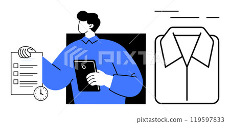 A business professional in blue holds a tablet and a checklist a clock in the hand. Next to him is a clean shirt on a hanger. Ideal for business punctuality time management organization A business professional in blue holds a tablet and a checklist a clock in the hand. Next to him is a clean shirt on a hanger. Ideal for business punctuality time management organization 119597833